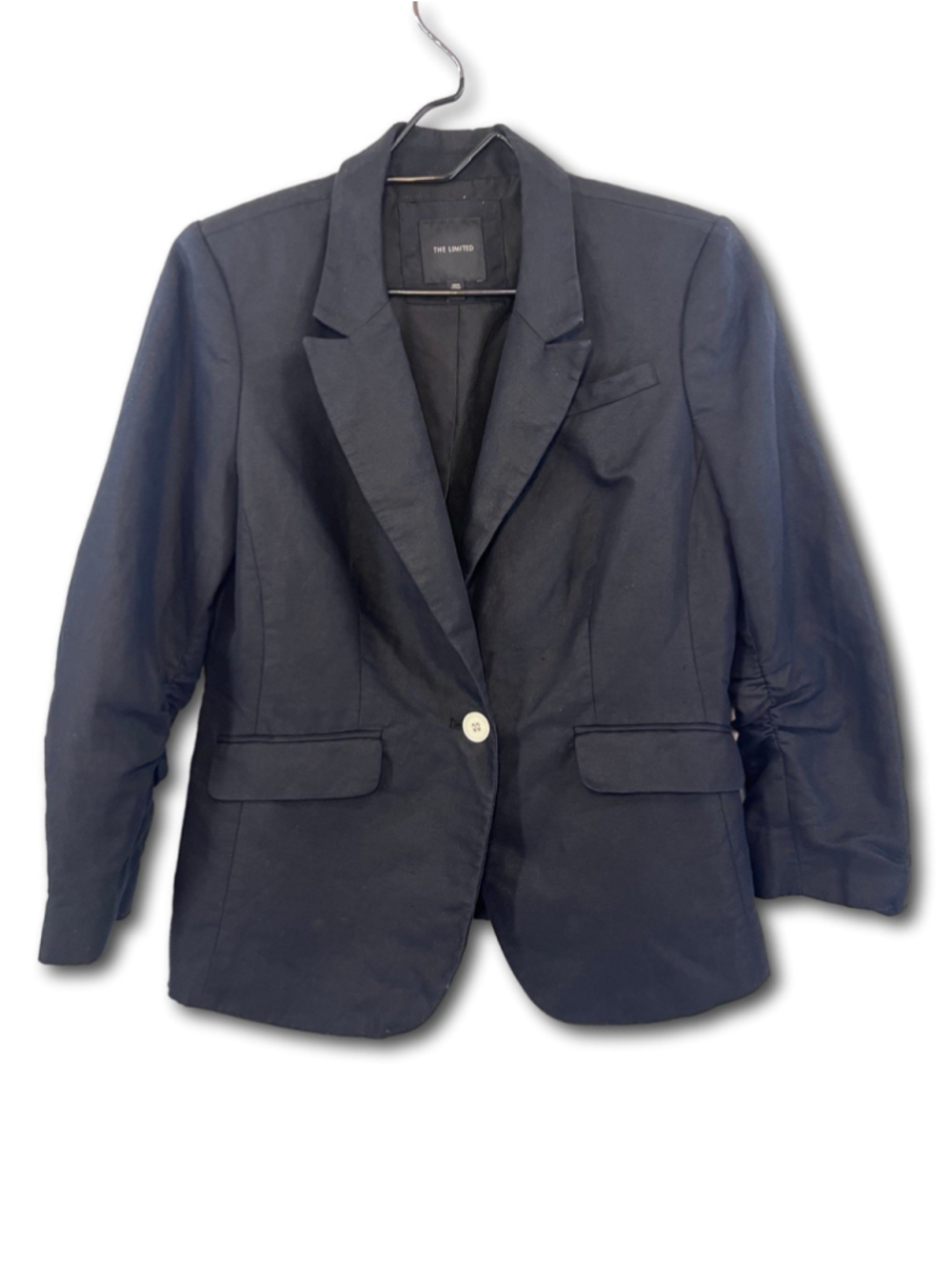 The Limited Blazer Button Front Ruched Sleeve Black Peak Collar Woman Size M